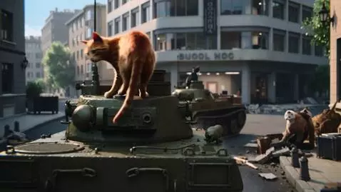 AI Video from prompt: Cats on the tanks going to building POCKOMPOZOR 