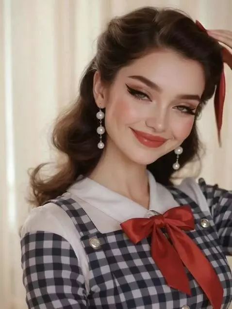 AI Video from prompt: She fixes her hair, smiles, lowers her eyes and 