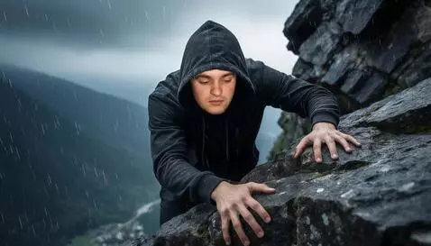 AI Video from prompt: A climber is hanging on a cliff