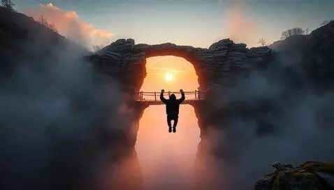 AI Video from prompt: The guy is hanging over the abyss and reaching u