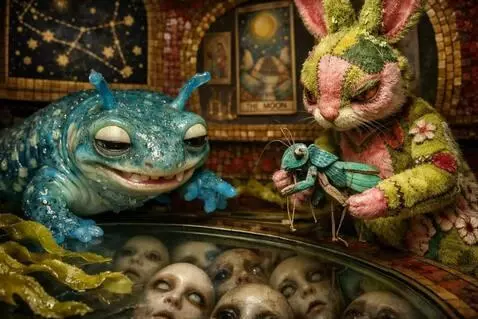 AI Video from prompt: The newt points to the faces. The grasshopper ho