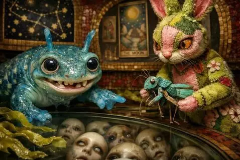 AI Video from prompt: The newt points to the faces. The grasshopper ho