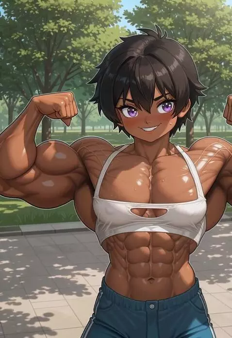AI Video from prompt: muscular bodybuilder, posing with smile, flexing