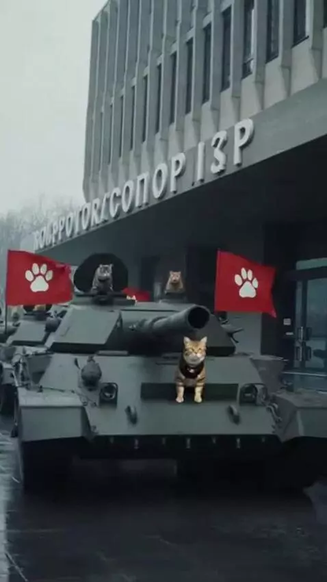 AI Video from prompt: Cats on tanks storm the POCKOMPOZOR building and
