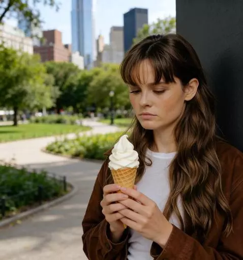 AI Video from prompt: the girl looks at the ice cream, then looks at t