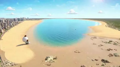 AI Video from prompt: The girl on the beach is thirsty, so she takes a