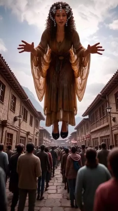 AI Video from prompt: A 50 year old lady who is a 500 meter tall giant
