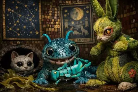 AI Video from prompt: The grasshopper hops onto the floor. The cat pou