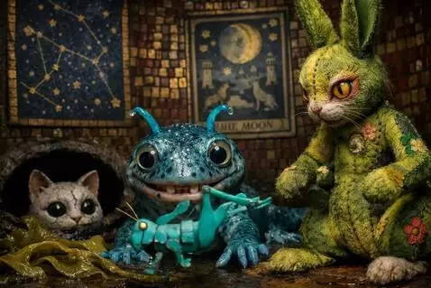 AI Video from prompt: The grasshopper hops onto the floor. The cat exi