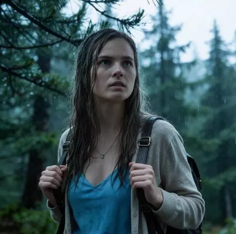 AI Video from prompt: a girl is walkining through the forest. a light 