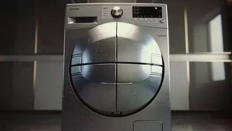 AI Video from prompt: Hyper-realistic washing machine transforming int