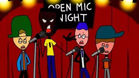 AI Video from prompt: 4 men try to sing a song but the crowd laughs at