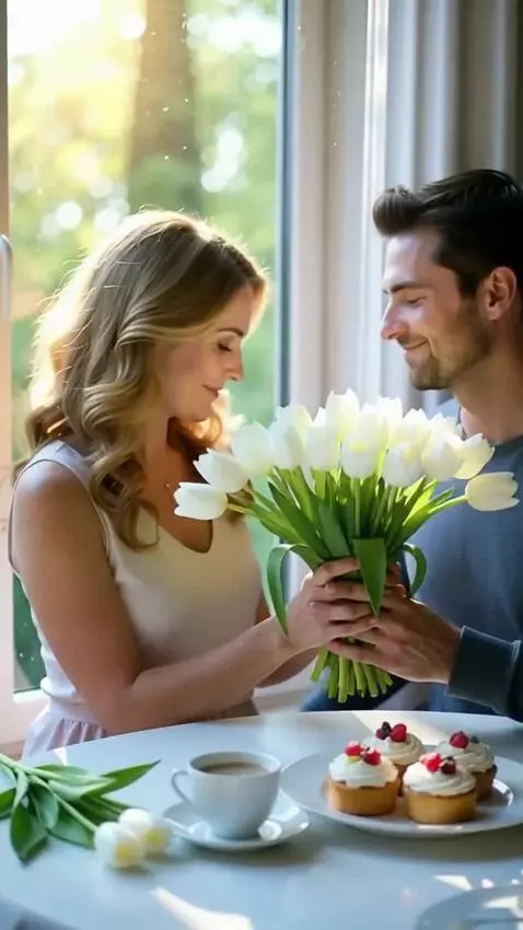 AI Video from prompt: A Man gives flowers and kisses a Woman, and she 
