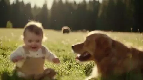 AI Video from prompt: A cute baby playing happily with a loyal dog in 