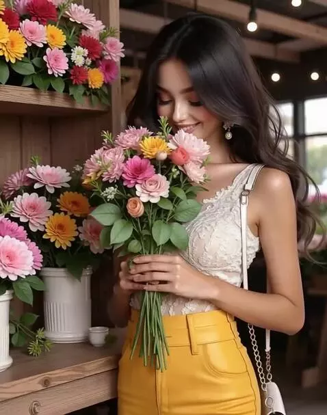 AI Video from prompt: She walks, smiles, lowers her eyes and enjoys th