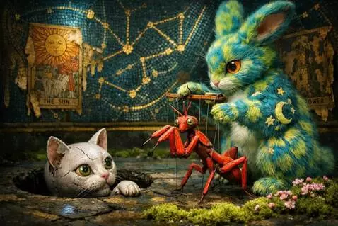 AI Video from prompt: The cat watches with curiosity as the rabbit mov
