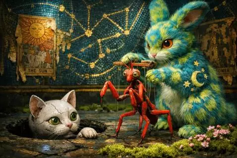 AI Video from prompt: The cat watches with wide eyes and paws at the m