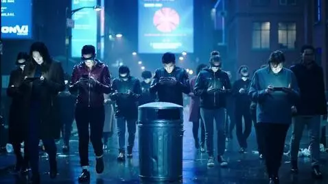 AI Video from prompt: Cinematic cyberpunk street scene, rain-slicked a