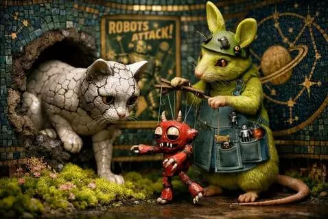 AI Video from prompt: The cat walks out of the hole and sits and watch