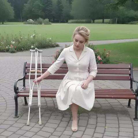 AI Video from prompt: A one-legged woman takes crutches and stands up,