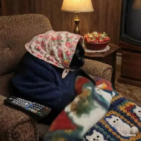 AI Video from prompt: A cute fluffy cat is lying in a cozy bed, holdin