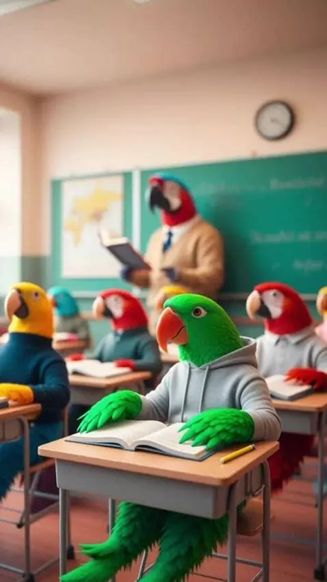 AI Video from prompt: The parrots at school enter their classroom and 