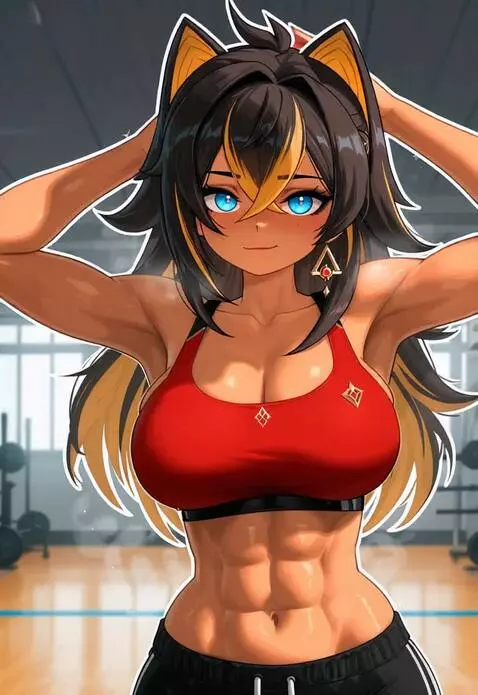 AI Video from prompt: hands behind the head and flexing abs muscles, o