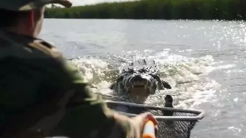 AI Video from prompt: A young fisherman, steering a speedboat, rescues