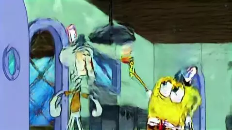 AI Video from prompt: Spongebob And Squidward Fights clouds with krabb