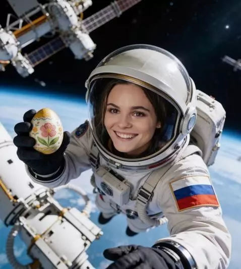 AI Video from prompt: a girl a spacesuit in zero gravity. with one han