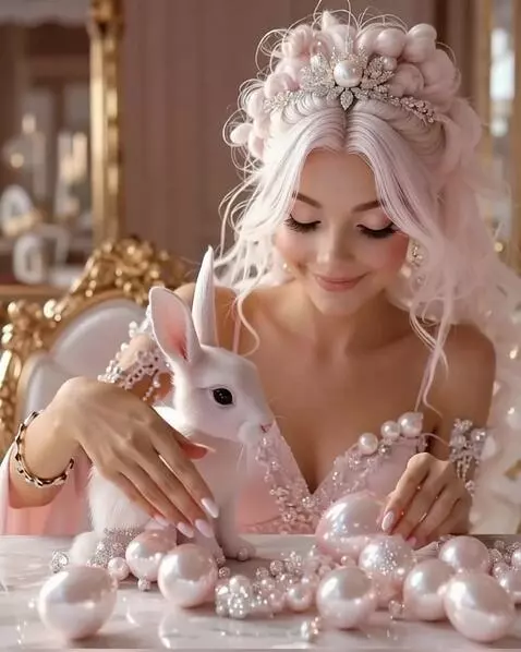 AI Video from prompt: She pets the bunny , looks up, smiles and holds 