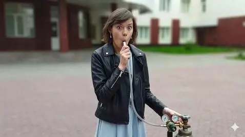 AI Video from prompt: Woman inhale helium from tank and her body gets 