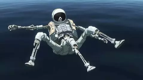 AI Video from prompt: skeleton in a space suit, floating in inky black