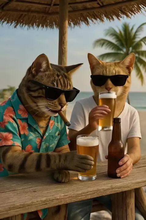 AI Video from prompt: Toman cerveza,fuma,risas,cinematografico,camara 
