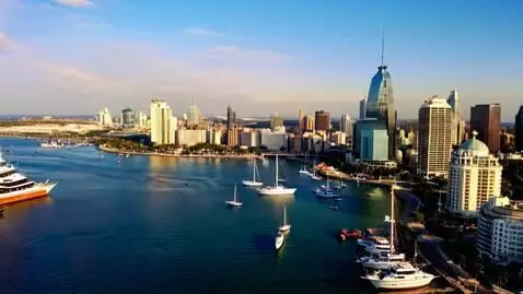 AI Video from prompt: Camera pans Miami by water