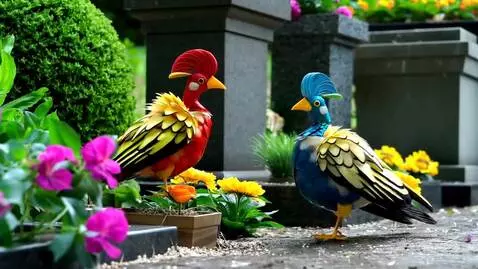 AI Video from prompt: antropomorph birds dance in graveyard