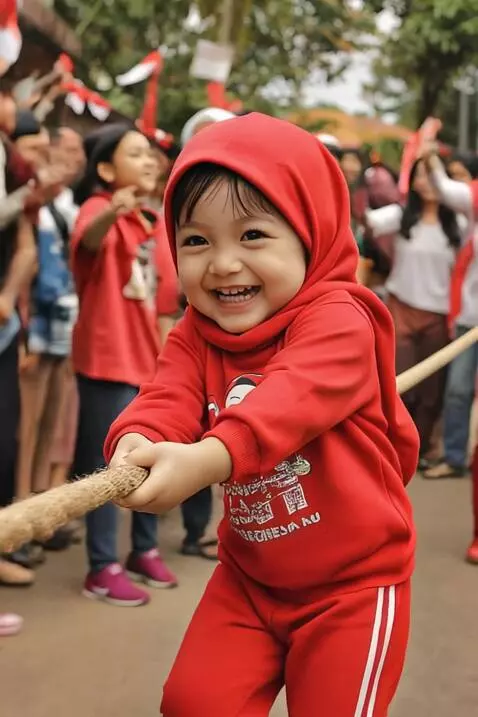 AI Video from prompt: A cheerful 3-year-old girl wearing a red tracksu