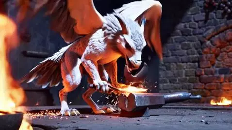 AI Video from prompt: A griffin (eagle head, lion body) forges a golde