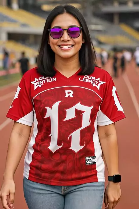 AI Video from prompt: A confident woman wearing a bold red-white sport