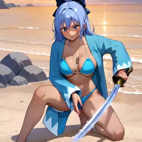 AI Video from prompt: She stands up and moves her sword held in her le