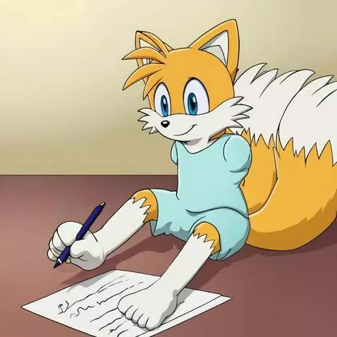 AI Video from prompt: Armless Miles Prower writes an essay with his fo