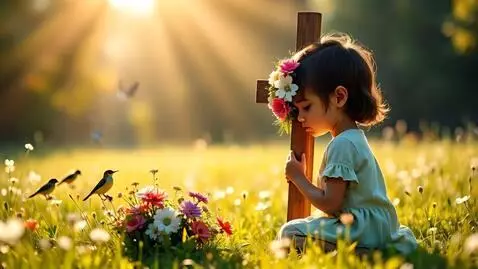 AI Video from prompt: A child kneels and prays beside a wooden cross d