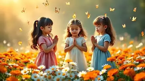 AI Video from prompt: children stand in a circle of daisies and marigo
