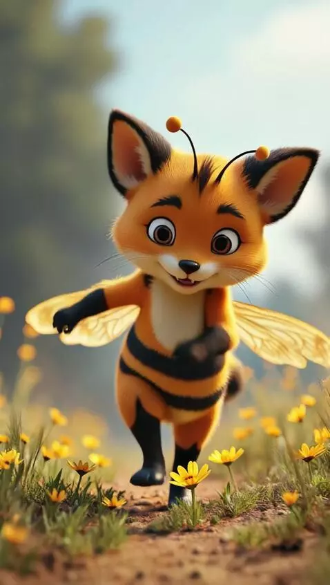 AI Video from prompt: The fox cub has turned into a bee and soars into