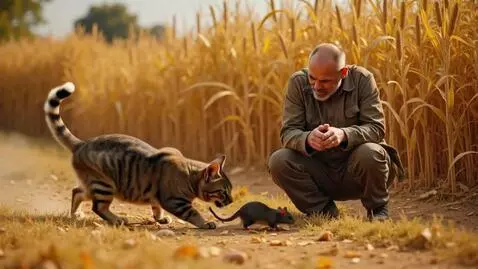 AI Video from prompt: A cat and a mice chase in a maize farm where the