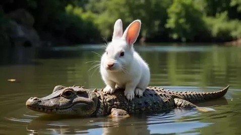 AI Video from prompt: A white rabbit on a crocodile crossing a river w