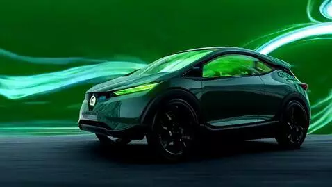 AI Video from prompt: Old grey sedan transforms into modern green EV, 