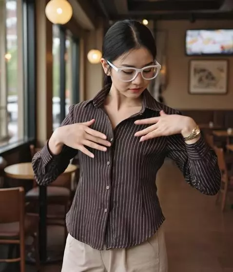 AI Video from prompt: A woman gently touches the fabric of her top tha