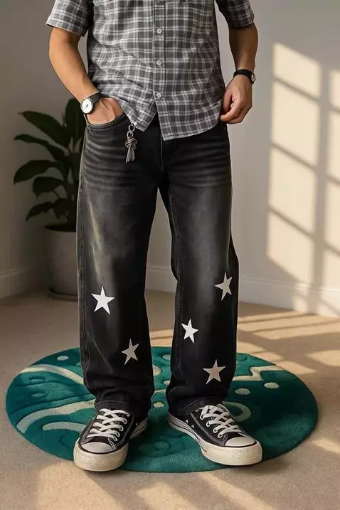 AI Video from prompt: A male model stands calmly wearing loose black j