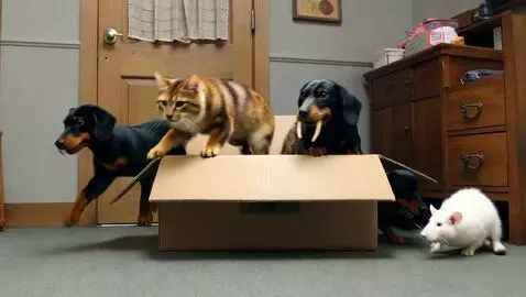 AI Video from prompt: There is a big cardboard box in the middle of th